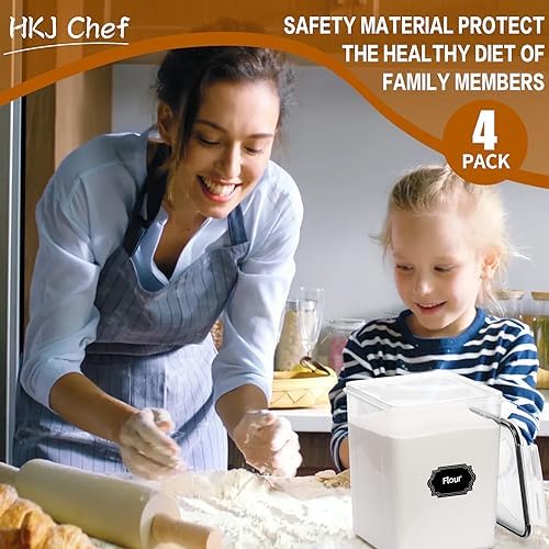 4 Pack Large Airtight Food Storage Containers with Lids (5.2L / 176oz), BPA Free Plastic Kitchen and Pantry Organization Contianers for Cereal Flour and Sugar Storage, Labels & Marker