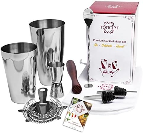 Professional Bartender Kit Cocktail Shaker Set | Bartending Tools & Accessories | Stainless Steel Martini Shaker, Strainer, Jigger, Pourers, Muddler, Mixing Spoon, Recipe Book & Velvet Bag