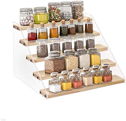 Spice Rack Organizer for Cabinet & Countertop - Seasoning Organizer Spice Shelf - Space Saving Wooden Display Risers Shelf Showcase Fixtures Jewelry (5 Tier)