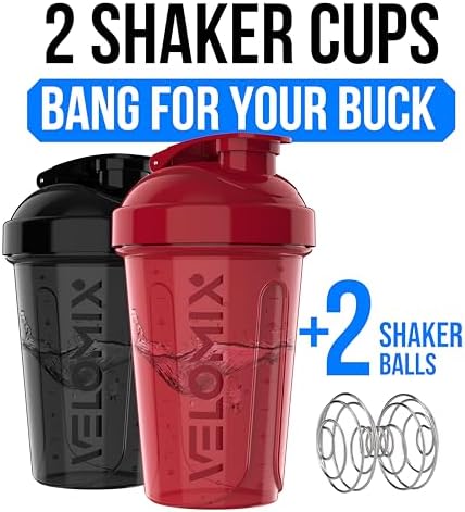 VELOMIX 2 Pack 20oz Protein Shaker Bottle for Protein Mixes, Black/Red - Image 2