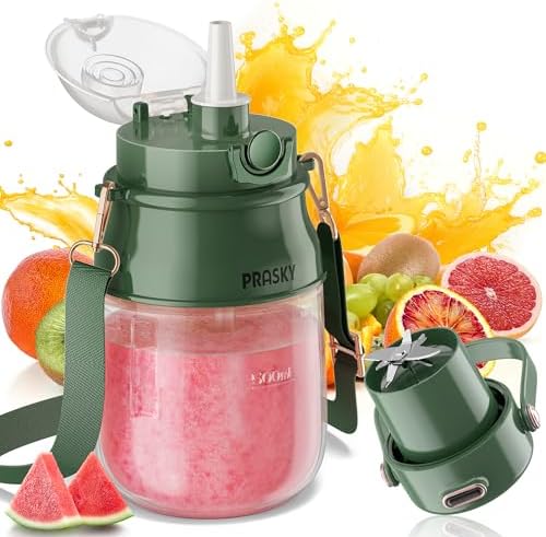 Portable Blender, Prasky Personal Blenders for Shakes and Smoothies with 27oz Cup, Lid and Shoulder Strap, Type-C USB Rechargeable, Personal Size Blenders BPA-free for Travel/Kitchen(Green) by Prasky