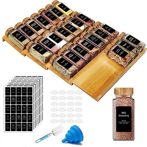 Spice Drawer Organizer Set, Bamboo Spice Rack Tray Kit with 24 Spice Jars, 275 Labels, Funnel & Brush, 4 Tier Spice Tray Seasoning Organiser for Kitchen Drawers, Countertop Cabinet, 13"×21.45"