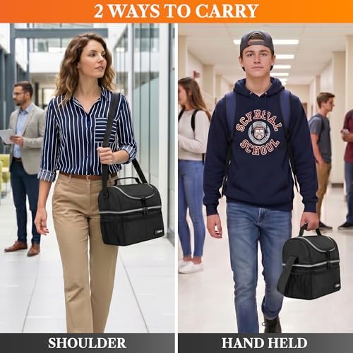 Insulated Lunch Bag for Men Women, Double Decker Leakproof, Black