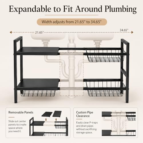 Expandable Under Sink Organizer, 2 Tier Under Sink Shelf, Height Adjustment, Under Sink Shelves with 3 Removable Baskets and 3 Removable Panels for Bathroom Kitchen Pantry Cabit black 21.65in