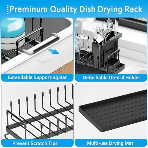Sink Dish Drying Rack - Expandable Small Dish Rack Over Sinks with Silicone Drying Tray, Dish Drainer for Kitchen Counter with Cutlery Holder, Drying Rack Fit for 14’’-19’’ Kitchen Sink