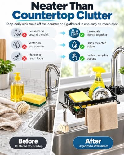 Sink Organizer Rack Hanging Faucet Sponge Holder with Drip Tray