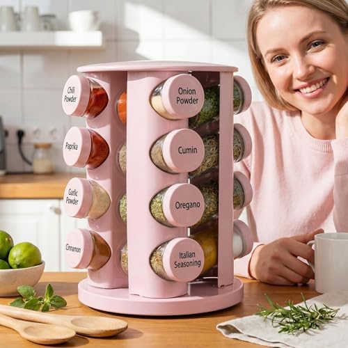 Pink Rotating Spice Rack with 16 Empty Jars and Labels
