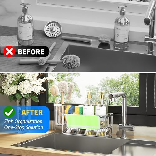 Kitchen Sink Caddy Organzier with High Brush Holder, Sponge Holder for Sink, 304 Rustproof Stainless, Kitchen Countertop Soap Dispenser Organizer (Silver With Towel Rack, 9.25″)