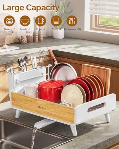Bamboo Dish Drying Rack for Kitchen Counter, Stainless Steel,White