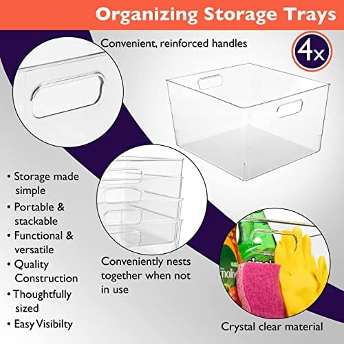 Clear Plastic Storage Bins for Kitchen, Fridge, Pantry, 4 Pack
