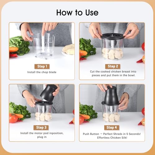 Food Processors, 2 IN 1 Electric Chicken Shredder &Food Chopper with 250W Copper Motor,1.5L Bowls & 2 Bi-Level Blades,One-Touch Electric Chicken Breast Shredder Tool-Smart Overheat Protection