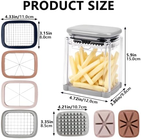 7-in-1 French Fry Cutter, Manual Vegetable Chopper with Storage Container and 4 Blades, Multi Functional Potato Onion Dicer Slicer for Kitchen