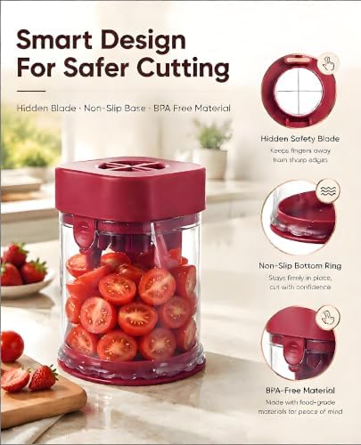 Grape Cutter & Strawberry Slicer, Fruit Quarter Cutter, Red - Image 3
