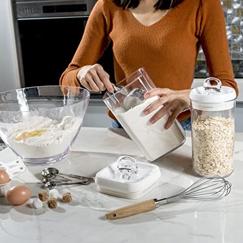 Flip Tite Storage Container with Built-In Spoon & Airtight Lid 5” Large-M Ring Flip Top, Stackable Acrylic Canister for Sugar Flour Powder, Kitchen Pantry Organizer (1.8qt), 2 spoons