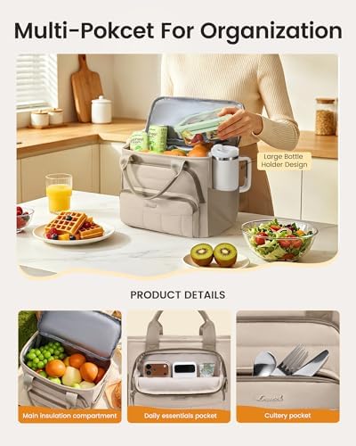 Lunch Box for Women, Puffer Lunch Bag with Wide Opening,13L, Khaki