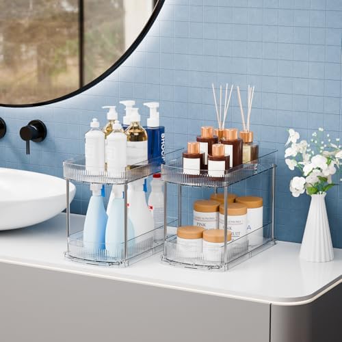 4 Pack Large Pull Out Bathroom Organizers and Storage,2 Tier 12.8″ Tall Sliding Kitchen Under Sink Organizer for Cleaning Products Storage,Acrylic Clear Bathroom inder Sink Organizer,Undersink Storage