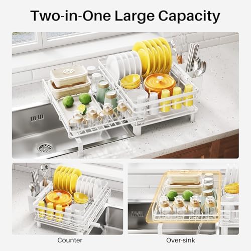 Expandable Dish Drying Rack for Kitchen Counter, Stainless Steel, White