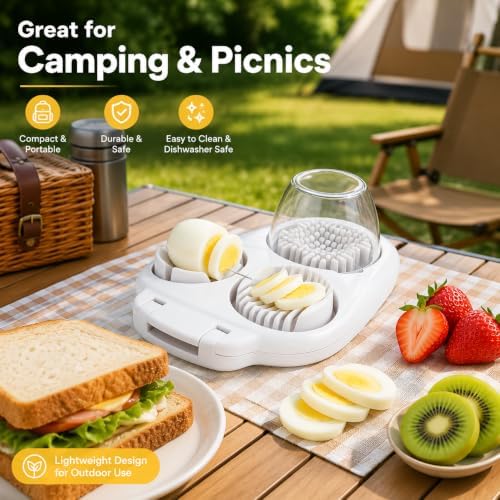 3-in-1 Egg Slicer with 2 Cleaning Brushes, Hard Boiled Egg Cutter, 3 Cutting Modes & Steel Blades – Eggs, Cherry Tomatoes, Strawberries, Kiwi – Perfect for Salads, Breakfast & Family Meals – White - Image 6