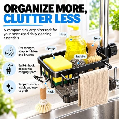 Faucet Drainer Basket, Kitchen Sink Faucet Organizer with Drip Tray, Sponge Holder and Dish Brush Holder, Quick Drying Hanging Caddy with Hook for Soap, Scrubbers, Kitchen & Bathroom(Black-B)