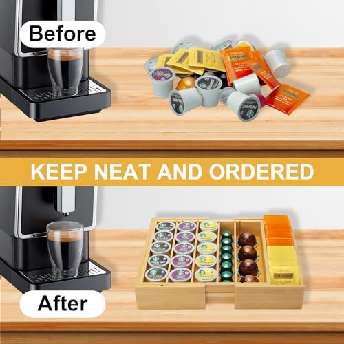 Bamboo K Cup Holder for Drawer or Countertop Coffee Pod Holder Expandable K Cup Pod Storage Tea bag organizer K Cup Storage for Coffee Station Home Office and Kitchen, Natural