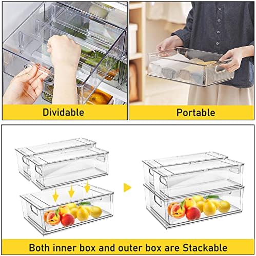 3 Pack Refrigerator Organizer Bins with Pull-out Drawer Stackable Clear Fridge Drawer Organizer Fruit Vegetable Storage Containers for Kitchen Pantry Organization (1 Large+2 Small)