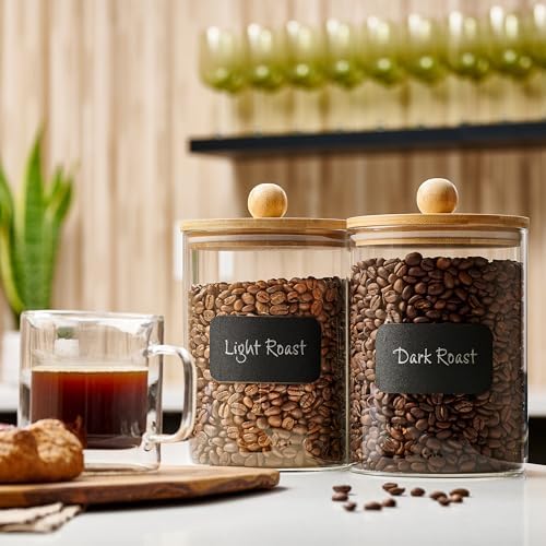 Set of 2 Glass Canisters for Kitchen Counter with Airtight Bamboo Lids + Marker & Labels - 68oz. Large Cookie Jars Wooden Lid, Food Storage Containers Pantry, Flour, Sugar, Pasta, Candy.