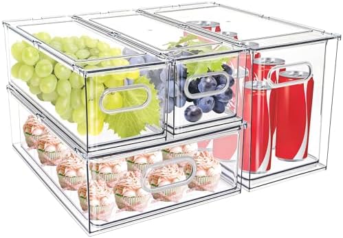 4 pack Stackable Fridge Drawers Pull-Out Bins Divided Produce Saver Containers for Refrigerator Storage Organizers for Veggie Fruit Berry Pantry Cabinet Makeup Clothes
