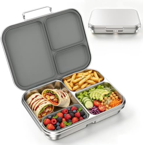 Stainless Steel Bento Lunch Box for Kids and Adults,3 Compartment Meal Lunch Box with Detachable Silicone Lid,Leak-Resistant Food Container with Snack Cup for School,BPA-Free(Grey)