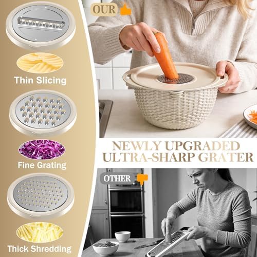 4-in-1 Colander with Bowl Set - Patented - 360° Rotatable Strainer, Beige