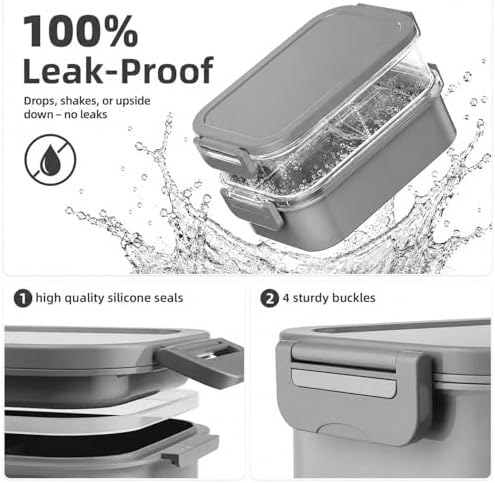 Adults Lunchbox Bento Box with Lunch Bag- 74 OZ All-in-One Stackable Lunch Box for Adults Kids Women Men Leakproof Bento Large Lunch Box Containers with Fork Spoon Sauce Box for Work School (Grey)