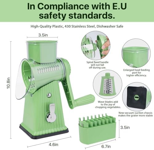 Rotary Cheese Grater with 5 Blades, Large Food Tube, Safety Food Pusher, Strong Suction Base, Mint Green