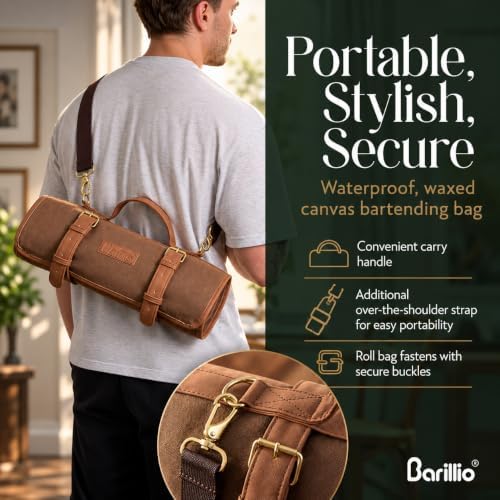 Bartender Kit Bag with Cocktail Shaker Set - Waxed Canvas, Traveling Bar Tools Bag with 17-Pc Cocktail Kit - Travel Mixology Bartending Kits - Mobile Bar Roll with Strap & Accessories