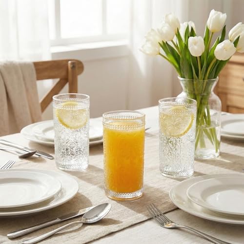 6 Pack Romantic Drinking Glasses, 12 oz Highball Glasses, Thick Water Glasses, Tall Glass Cups for Beverages, Beer, Cocktail, Vintage Glassware Set for Dinner Parties, Bars, Restaurants