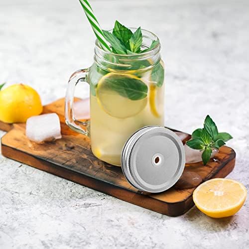 8 Pack 16 oz Glass Mason Jar Mugs with Handle, 16 Tin Lids and 8 Plastic Straws, Old Fashioned Mason Jar Drinking Glasses, Clear Glass Cups for Party and Daily Use