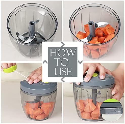 Manual Food Processor Vegetable Chopper, Portable Hand Pull String Garlic Mincer Onion Cutter for Veggies, Ginger, Fruits, Nuts, Herbs, etc., 900ml, Grey