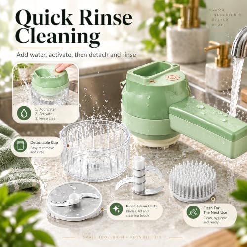 5-in-1 Wireless Electric Vegetable Chopper, Handheld Tool for Chopping, Slicing, Grating and Whisking, Rechargeable Processor with Cleaning Brush for Garlic, chili & Vegetables - Image 6
