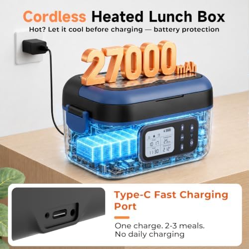 Cordless Electric Lunch Box for Adults with APP Control, 27000mAh Battery Powered, 1.5L Portable Timer & Leak-Proof Warmer, Smart for Men Work Travel Truck (Black)