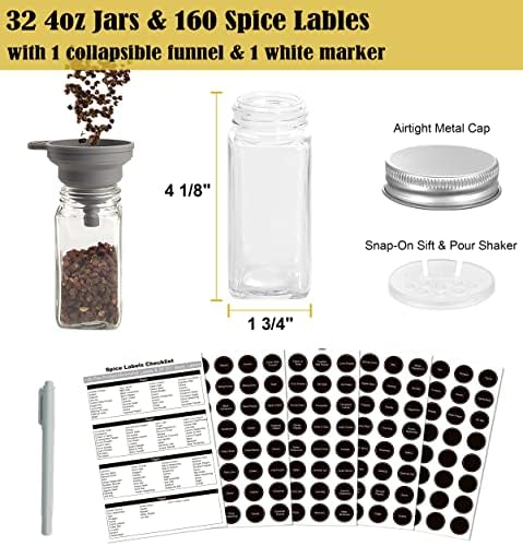 4 Tier Spice Rack Organizer with 32 Square Spice Jars and 160 Spice Labels Set for Kitchen Cabinet Countertop Pantry or Wall Mount, Matte Black