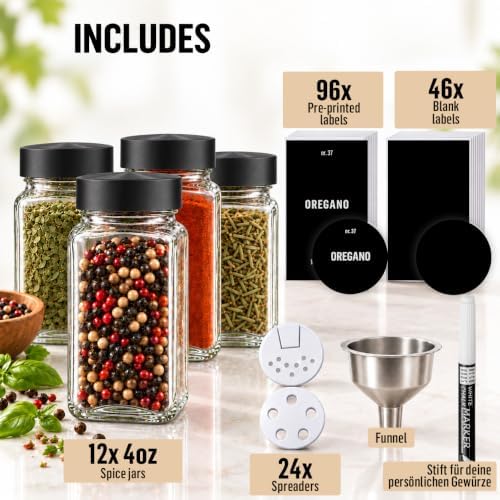 Glass Spice Jars with Lids 12x4oz - Airtight Spice Containers