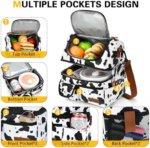 Lunch Box for Women-Double Deck Insulated Adults Lunch Bag with Removable Shoulder Strap-Cow Print Cute Wide Open Lunch Tote for Work/Office/Picnic/Beach/Travel