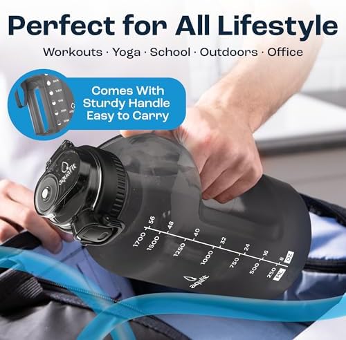 Half Gallon Water Bottle with Time Marker, 2in1 Lid