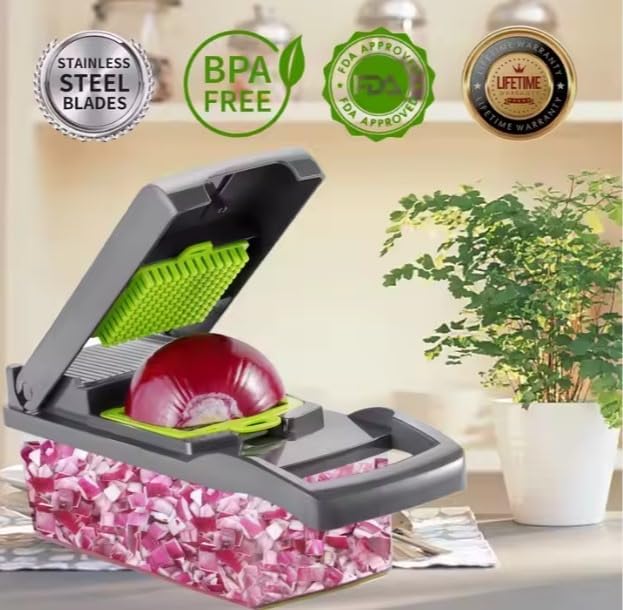 Vegetable Chopper and Slicer, 15-in-1 Manual Food Dicer with Container, Stainless Steel Blades, Gray and Green - Image 2