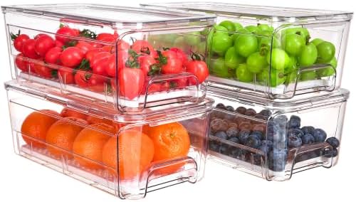 Fruit Storage Containers for Fridge with Pull-Out Organizer Bins, 4 pack