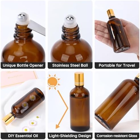 Segbeauty 3.4oz Thick Amber Glass Roller Bottles for Oils, 5pcs Large Empty Roll On Bottles for Perfume Massage Castor Essential Oil, 100ml Refillable Eye Essence Roller Ball Applicator with Dropper - Image 2
