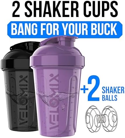 VELOMIX 2 Pack 20oz Protein Shaker Bottle for Protein Mixes, Purple/Black - Image 2