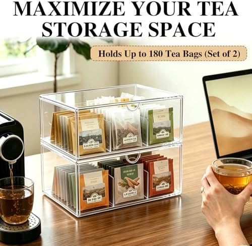 2 Pack Tea Bag Organizer, Tea Bag & Coffee Pod Drawer Storage with 9 Grid, Acrylic Stackable Holder Organizer for Cabinet Countertop | Drawer Container Storage Bins for Kitchen (9+9 Grid)
