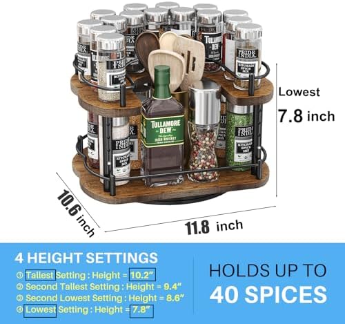 Lazy Susan Spice Rack Organizer for Cabinet, Wood, Vintage, 12 in