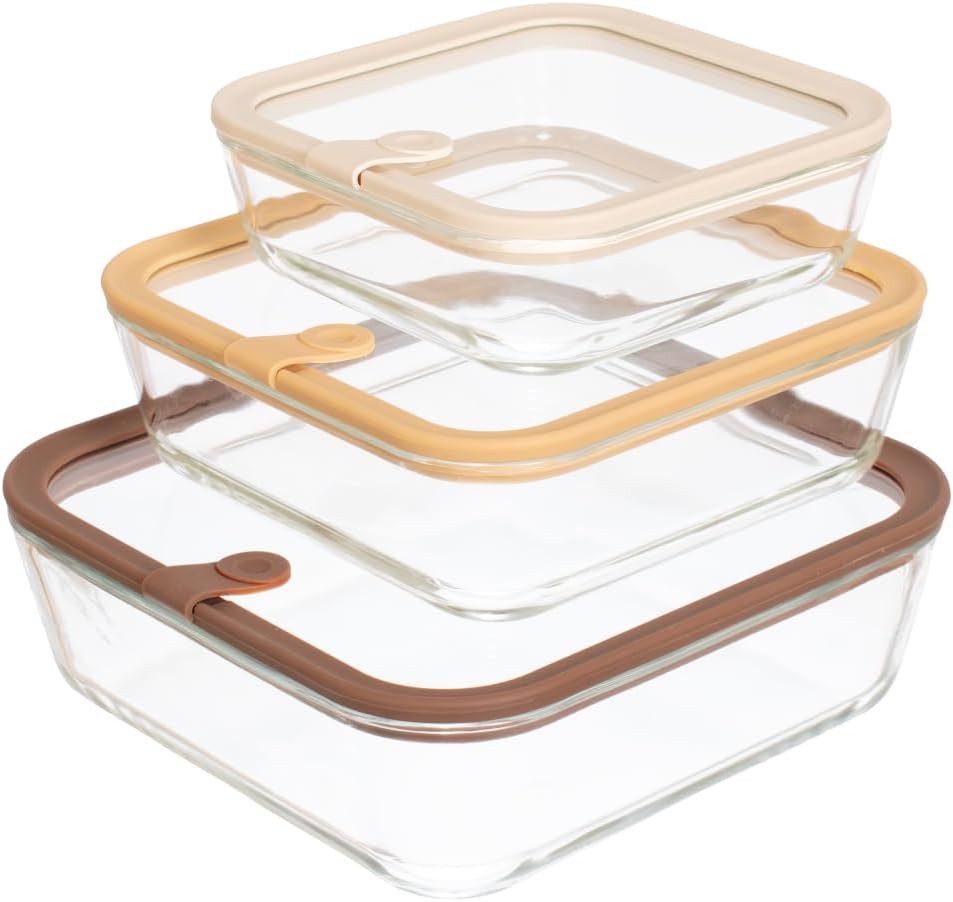 Glass Food Storage Containers, Set of 3 - Airtight Vacuum Sealed Steam Vent Lids - Square Borosilicate Glass Dishes with Ombre Green Lids - Assorted Sizes for Meal Prep & Leftovers, Brown