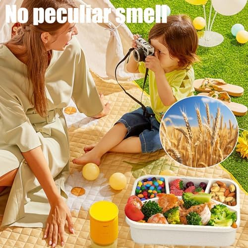 15 PCS Bento Box, 4 Compartment Bento Box Adult Set, Wheat Straw Bento Lunch Box, Reusable Lunch Snack Box, Microwave, Dishwasher and Freezer Safe Meal Prep Containers for Work, School and Travel