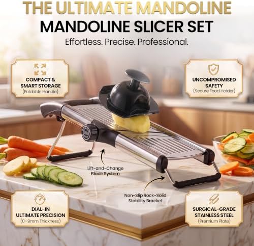 SAFI Mandoline Slicer for Kitchen, Adjustable 3-9mm Stainless Steel Vegetable Slicer with Julienne Blade, Non-Slip Base, Safety Hand Guard, Cut-Resistant Gloves & Brush – Potato, Onion & Fruit Cutter. - Image 5